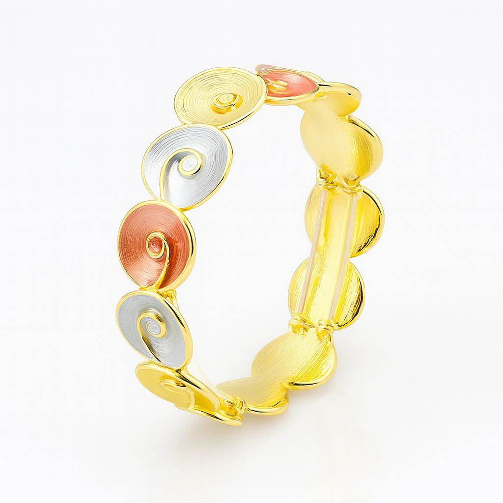 Handmade tri-color spiral disc bracelet with gold, silver, and rose-gold swirl texture, KC gold plated alloy