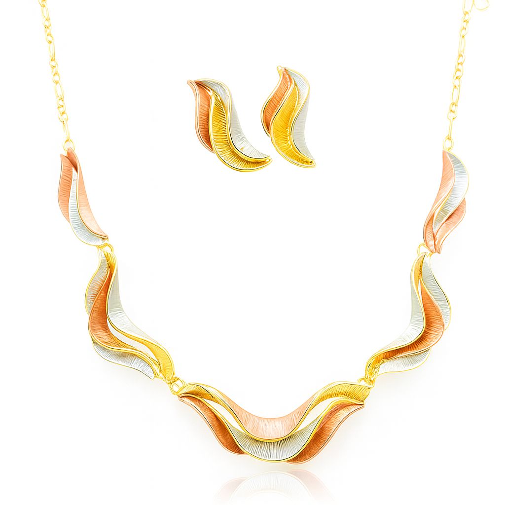 Tri-color wave leaf necklace and earrings set with KC gold plating