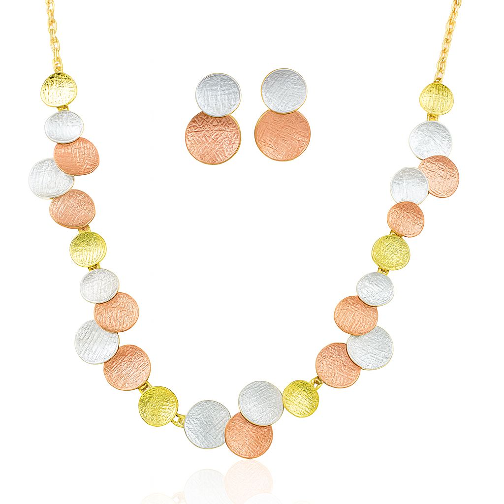 “Tri-tone textured circle necklace and earrings set with KC gold plating and hand-painted enamel”