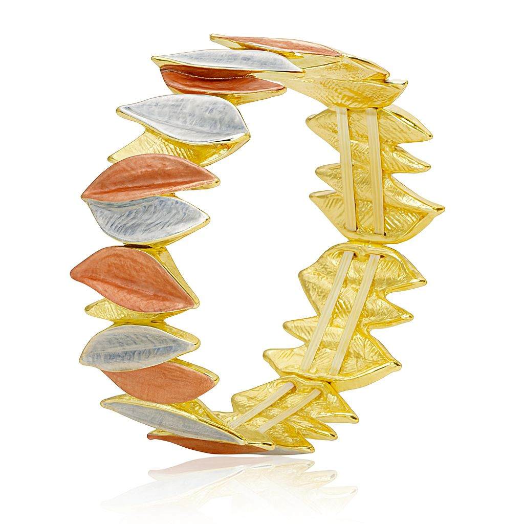 Tri-tone leaf-art gold bangle bracelet with enamel finish