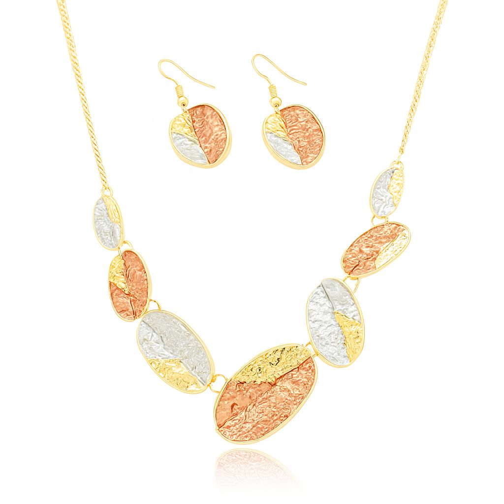 Tri-tone textured oval necklace and earrings set KC gold plated
