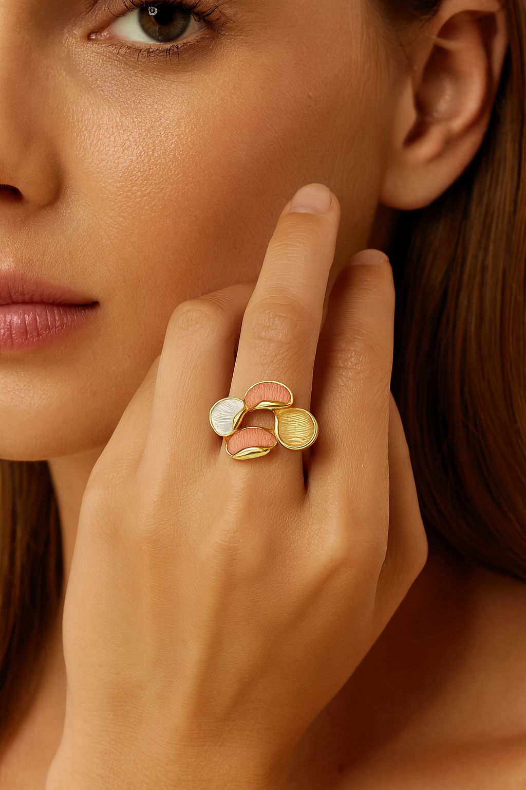 Hand-painted enamel flower ring in peach, gold and white tones