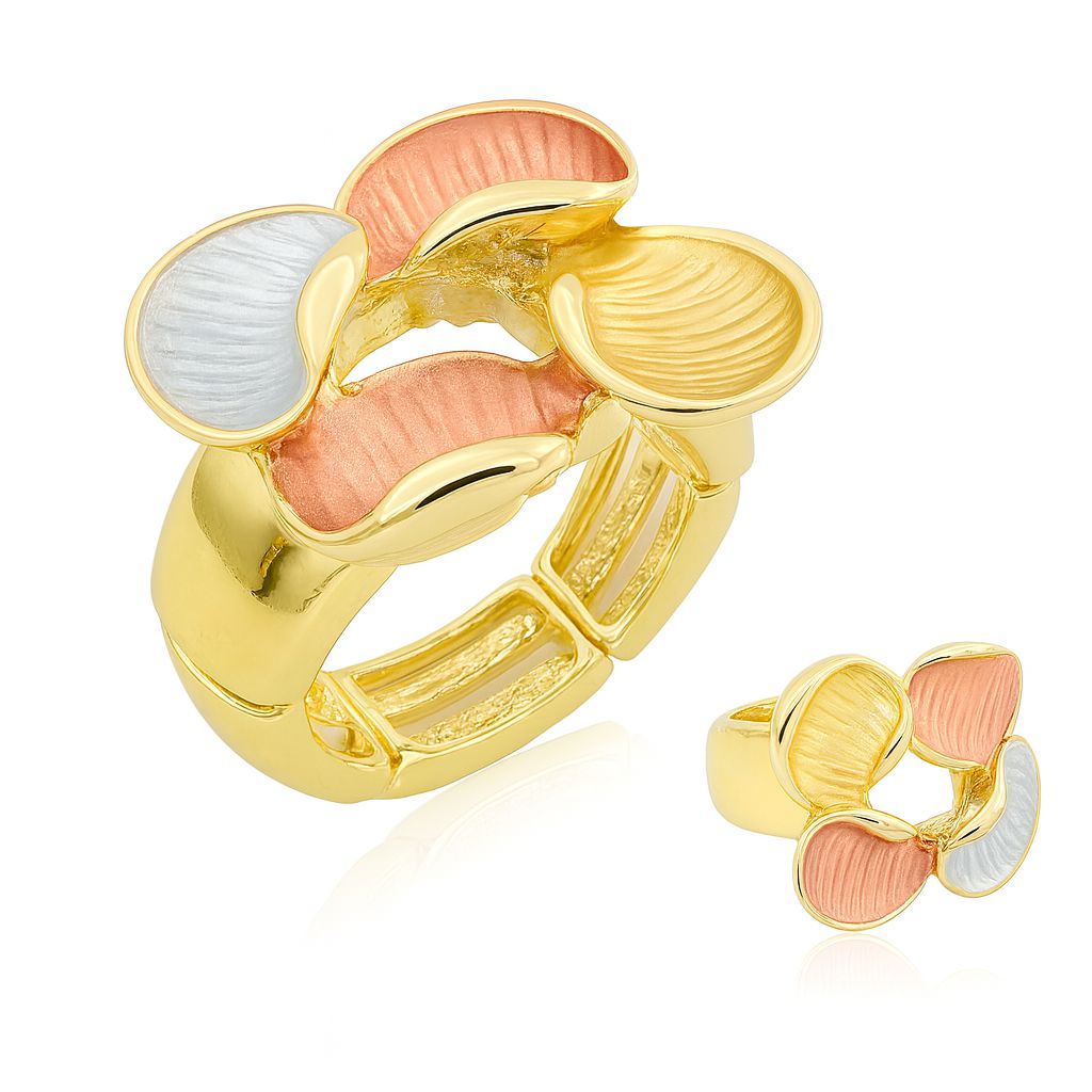 Tri-tone petal bloom ring with KC gold plating and enamel finish