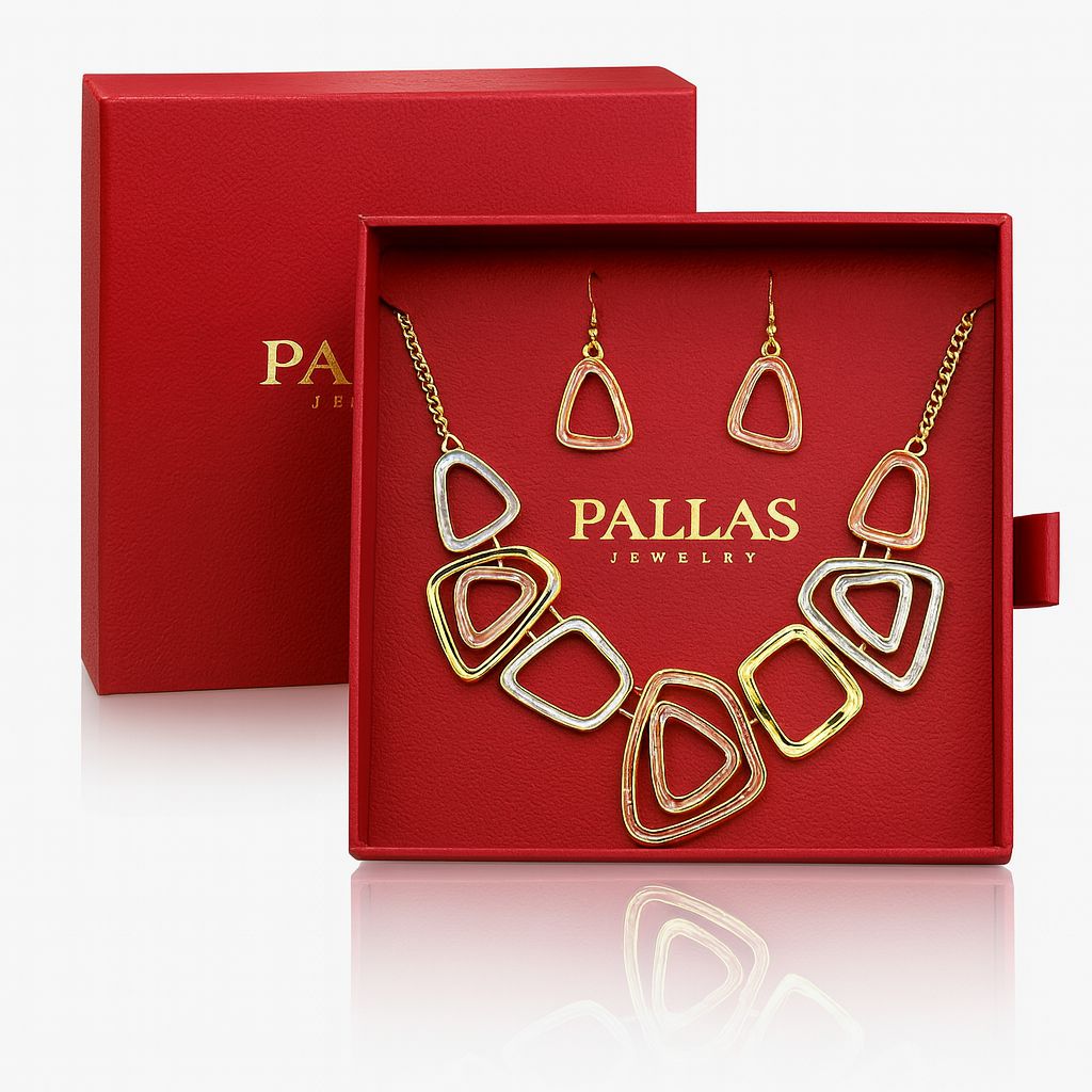 Gold geometric jewelry set in red gift box by Pallas Jewelry