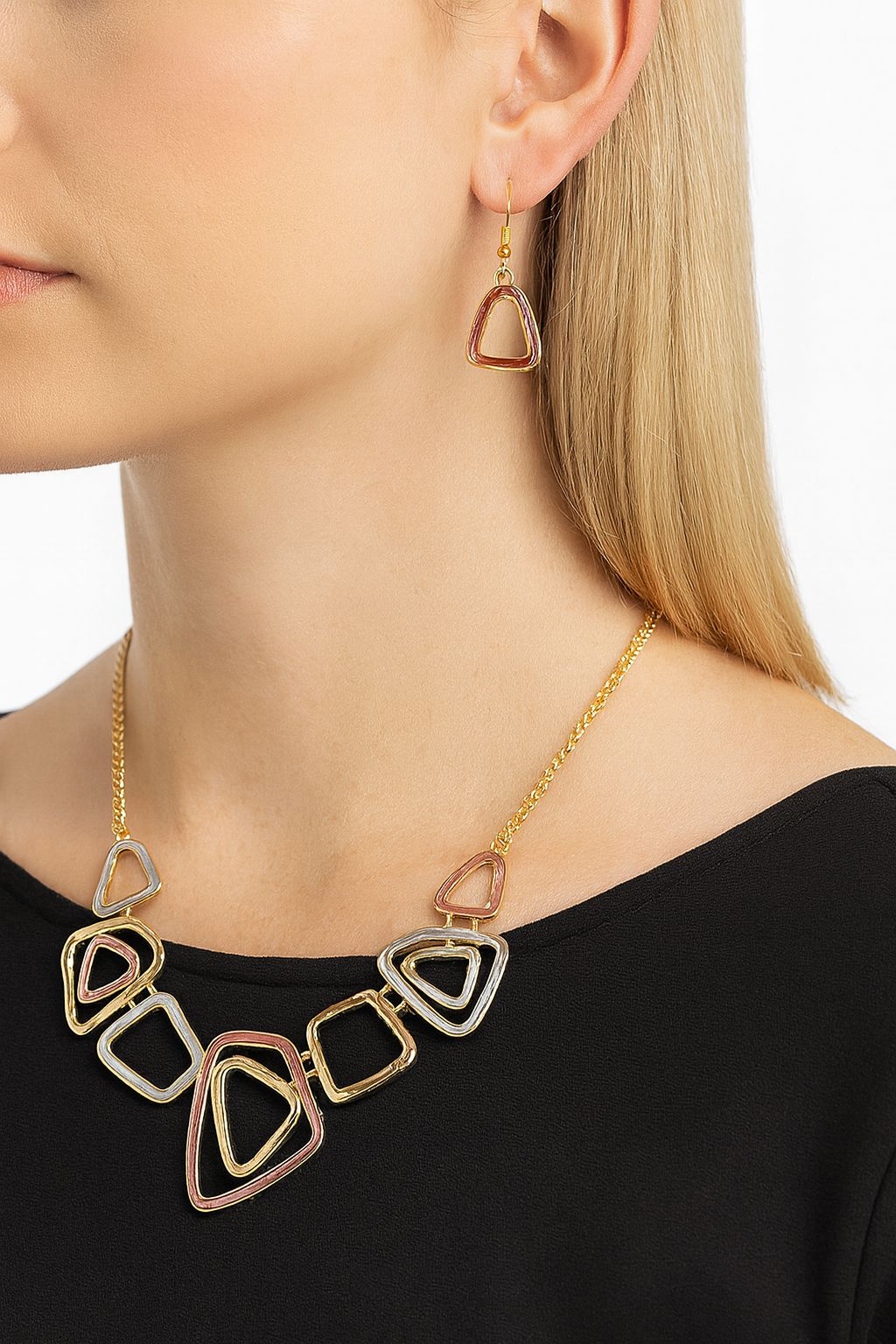 KC gold plated triangle drop earrings with enamel details