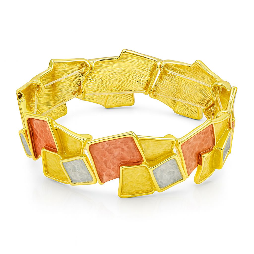 KC gold plated geometric color block bracelet with irregular multi-tone hand-painted links in gold, silver, and rose tones.