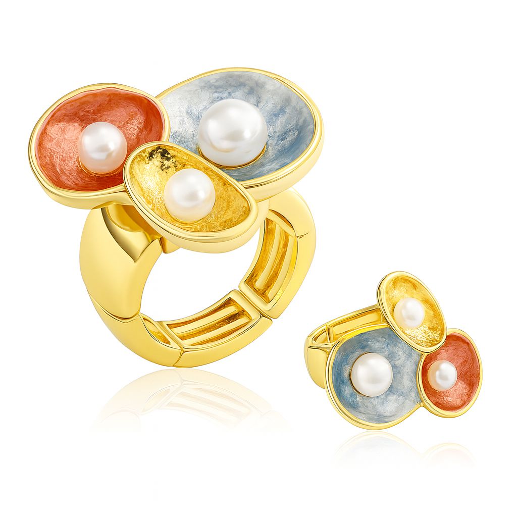 Hand-painted triple pearl ring in KC gold with multicolor enamel