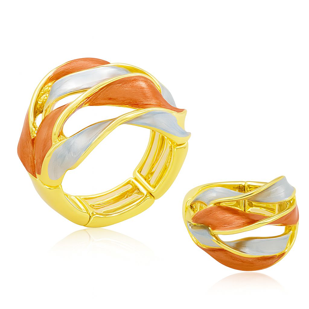 Twisted dual-tone KC gold enamel ring, artistic swirl design