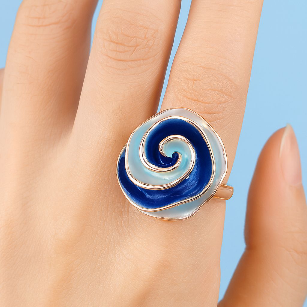Hand painted two tone blue enamel swirl statement ring