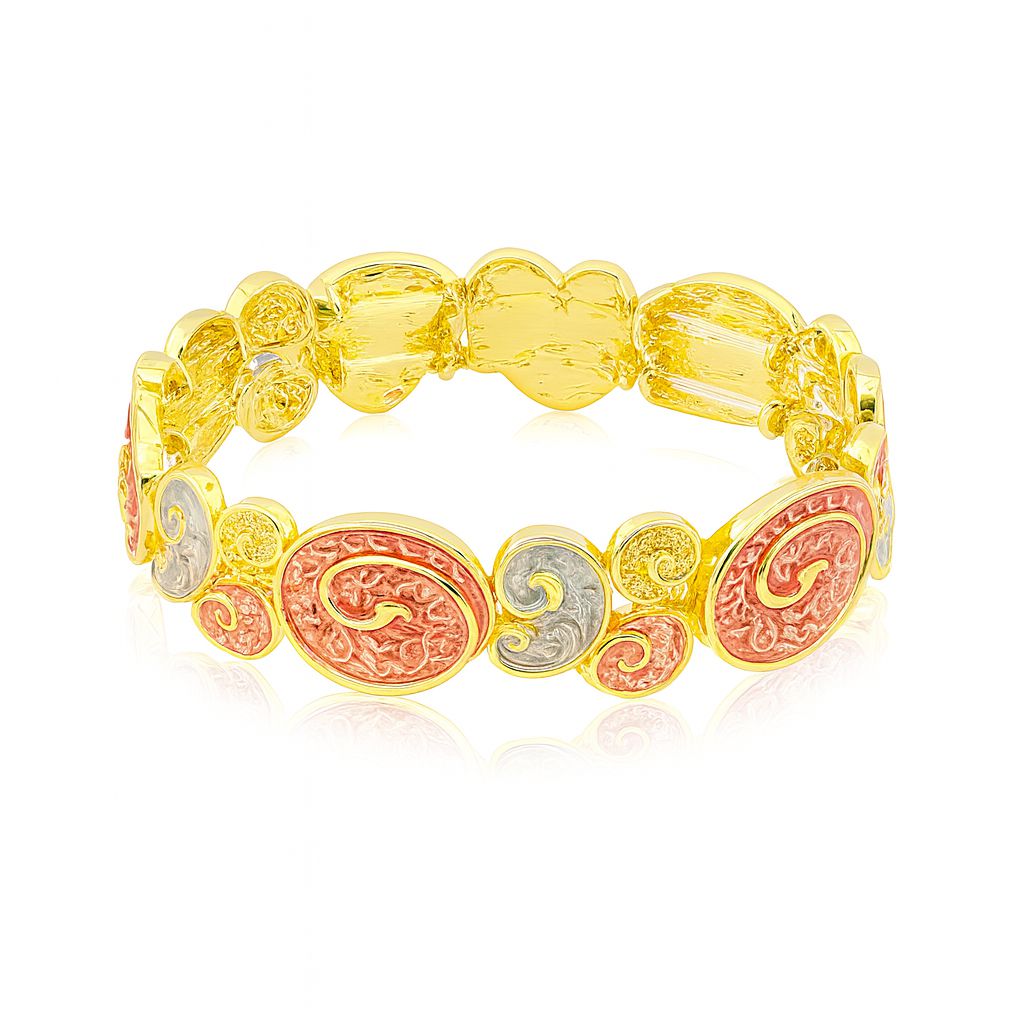 Side view of KC gold plated alloy bangle bracelet with hand-painted swirl enamel details