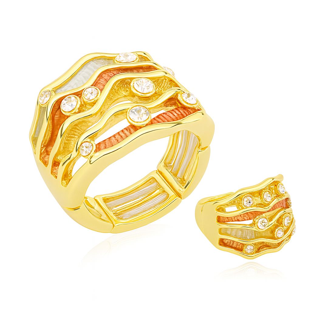 KC gold plated wave design ring with crystals