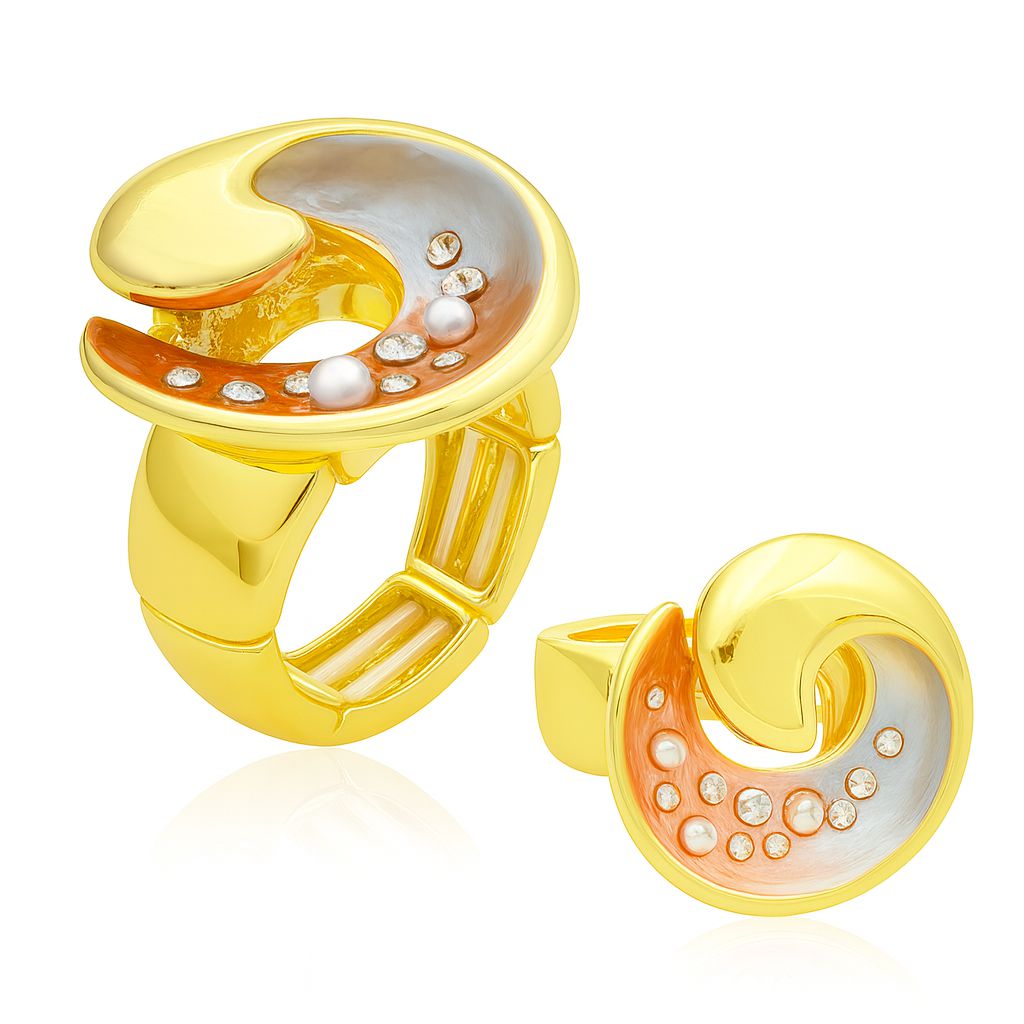 Wave-shaped gold ring with enamel and pearl accents on hand