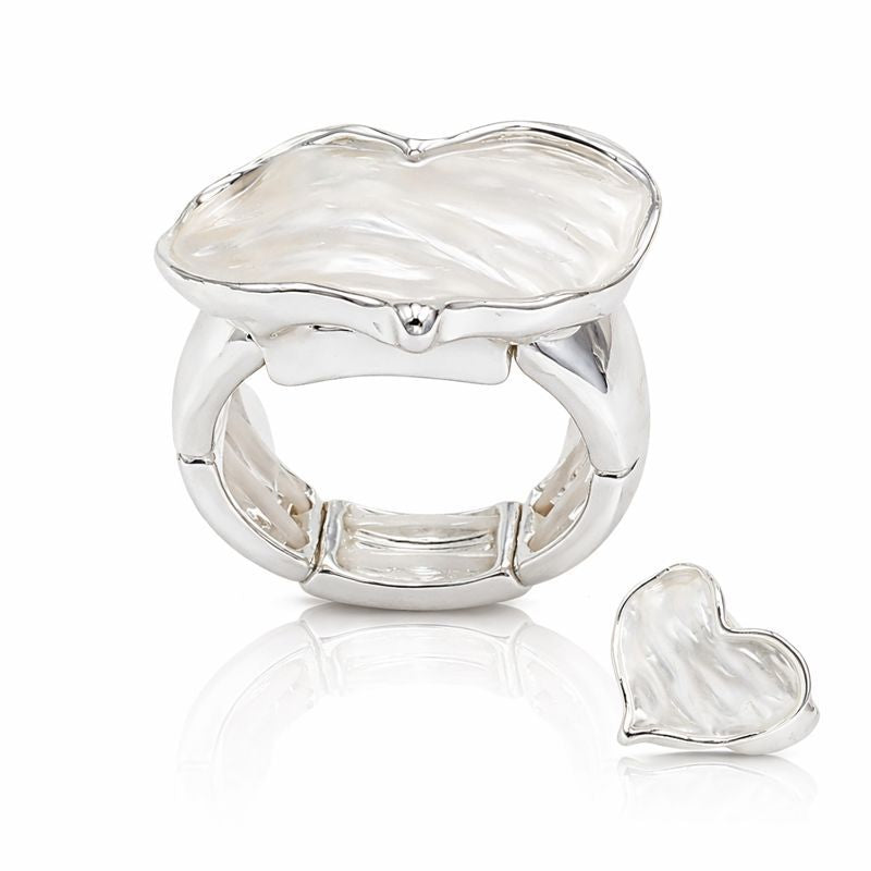 White enamel heart silver ring worn by woman with elegant design