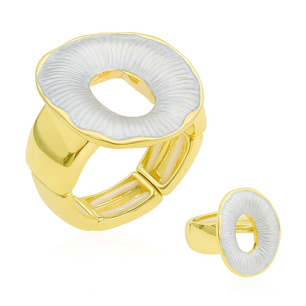 KC gold plated ring with hand-painted white enamel round design