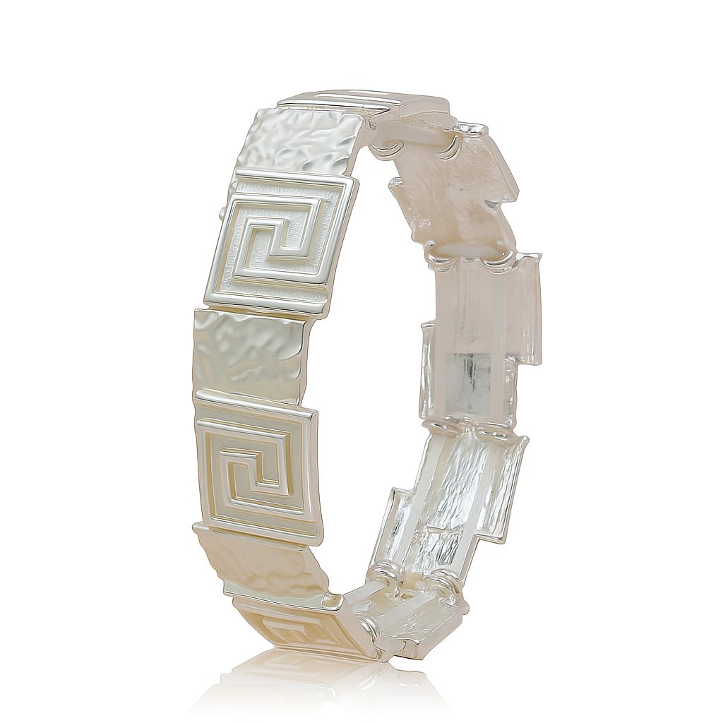White Greca pattern enamel bangle bracelet with KC gold plating, artistic geometric design