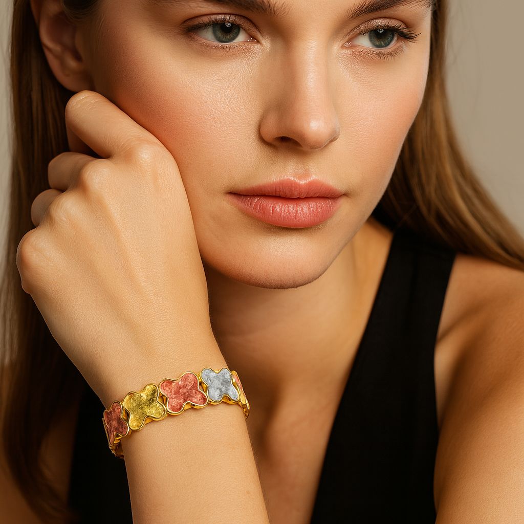 KC gold plated tri-color hand-painted clover link bracelet on woman wrist