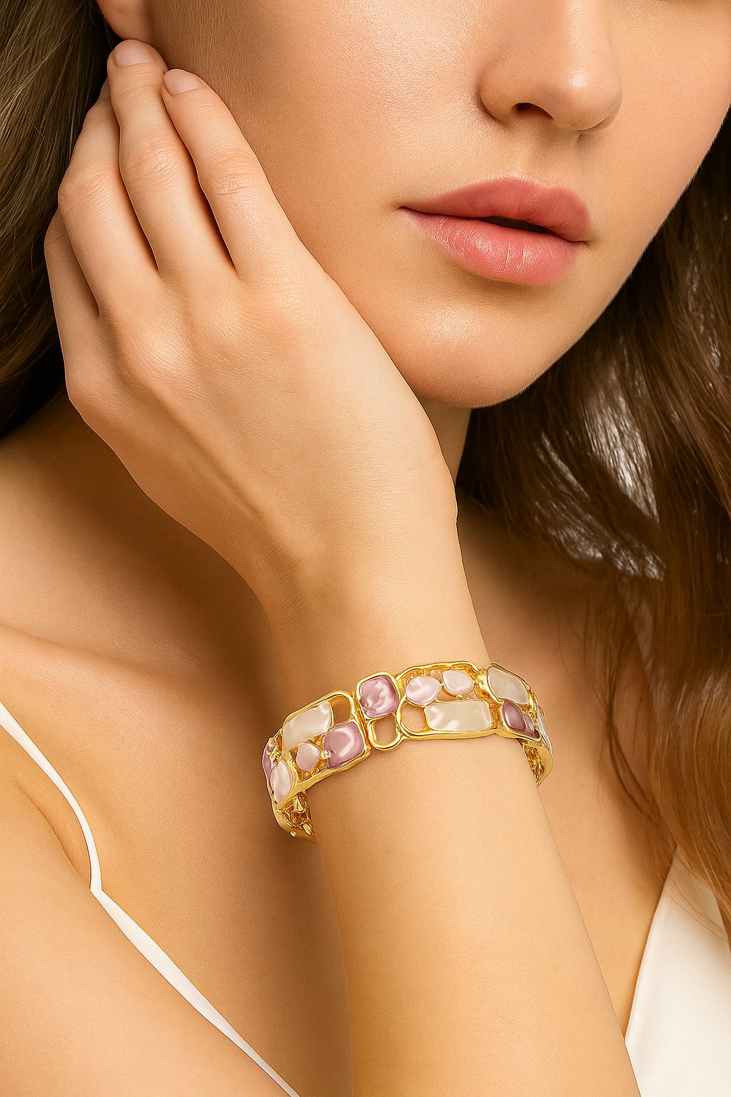 Model wearing artistic pink gold bracelet, stretch bangle design
