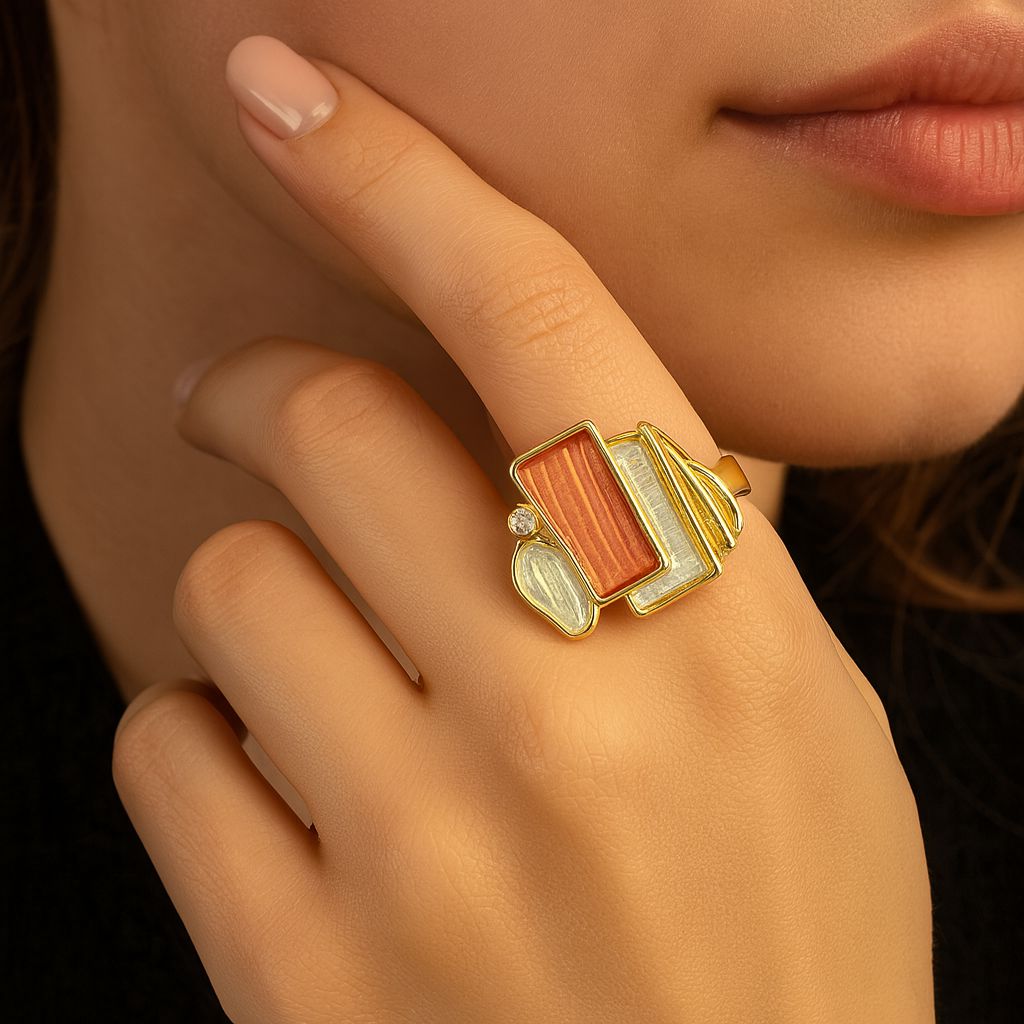 Model wearing KC gold geometric enamel ring, modern statement jewelry