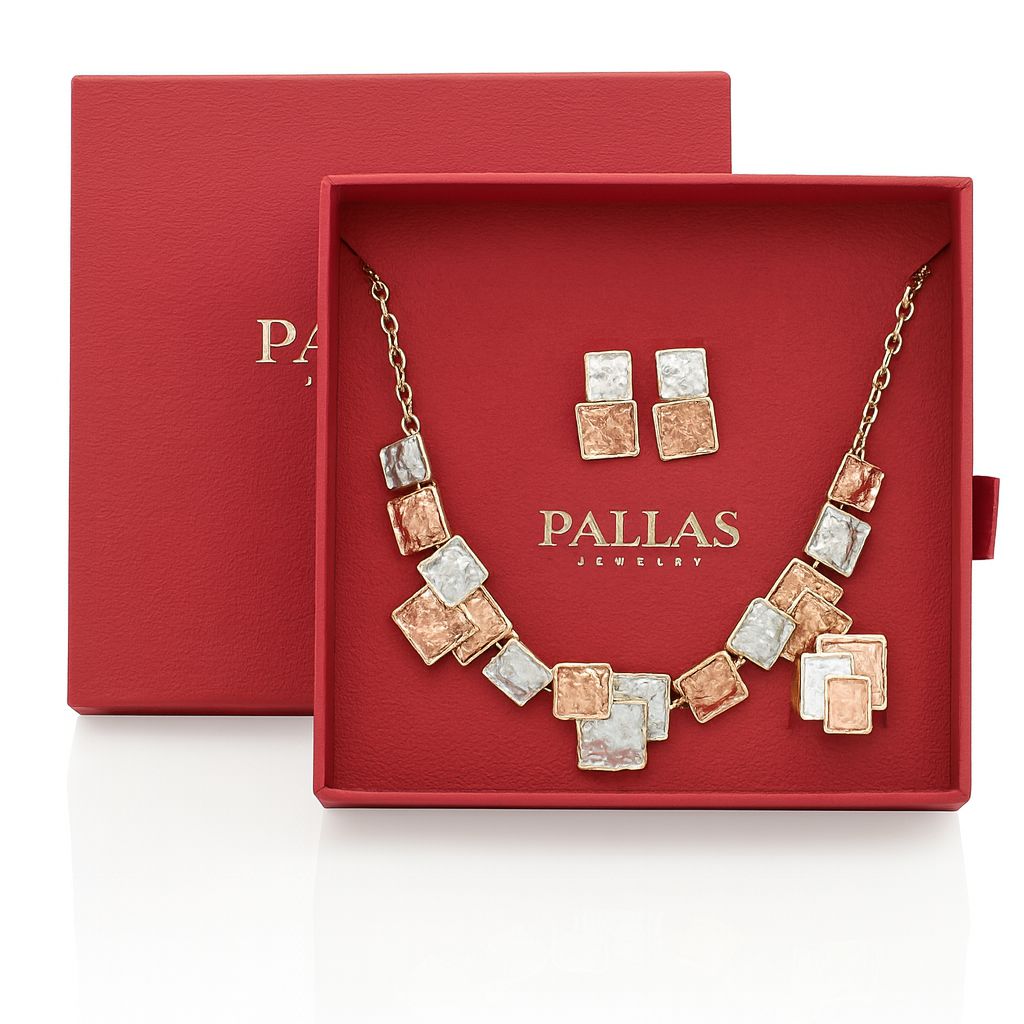 Model wearing geometric square necklace and earrings