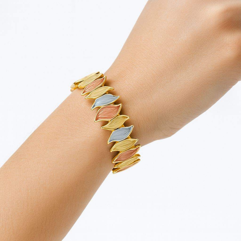 KC gold-plated leaf texture bracelet with hand-painted multi-color enamel on wrist