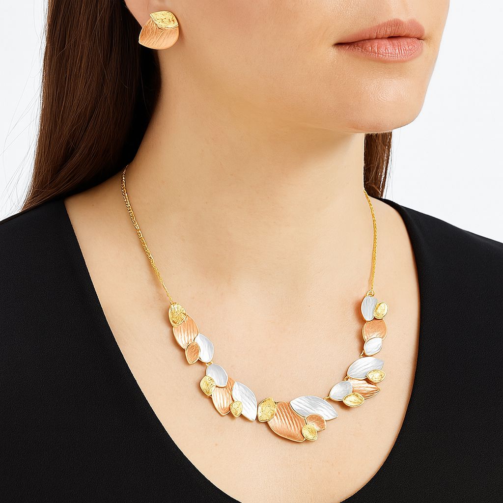 Model wearing hand-painted petal necklace and earrings