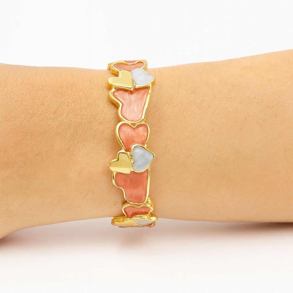 Women’s heart-themed gold-plated bracelet with romantic enamel design