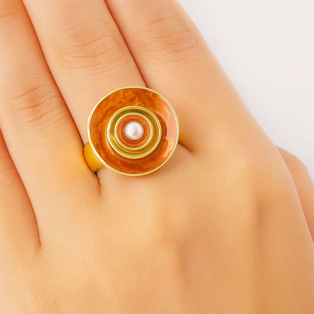 Woman wearing modern KC gold enamel statement bracelet