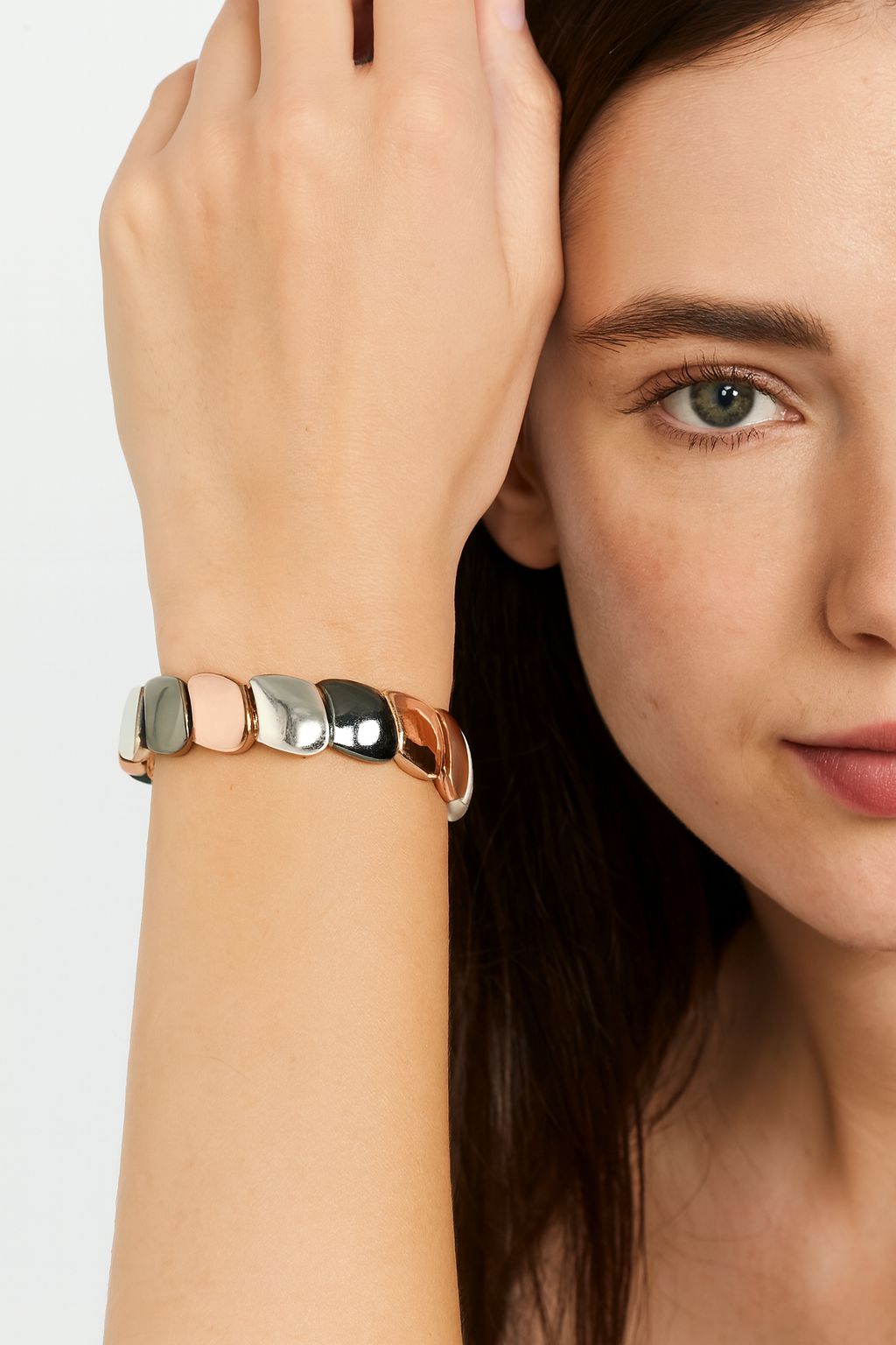 Model wearing colorful KC gold enamel oval bracelet, fashion jewelry styling
