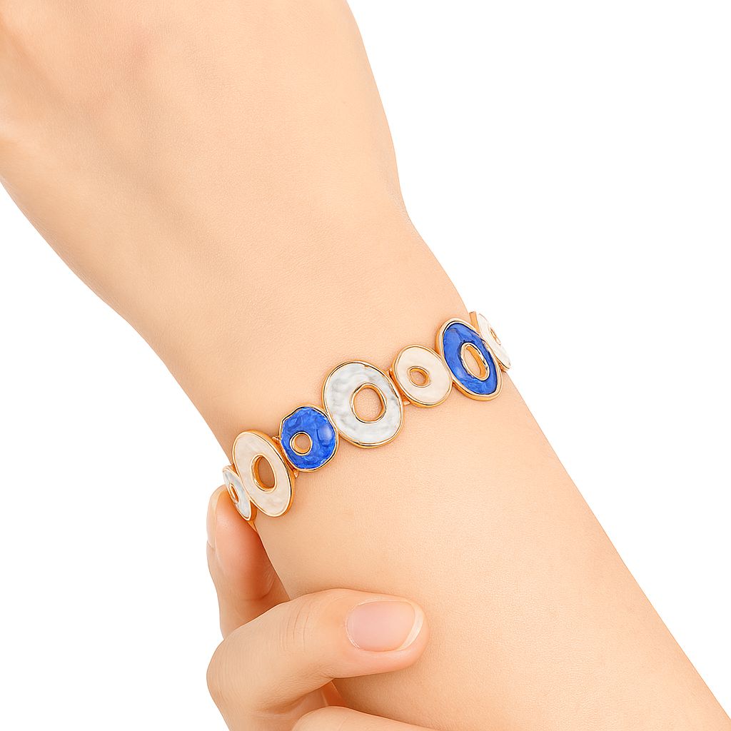 Model wearing lightweight artistic enamel bracelet for women