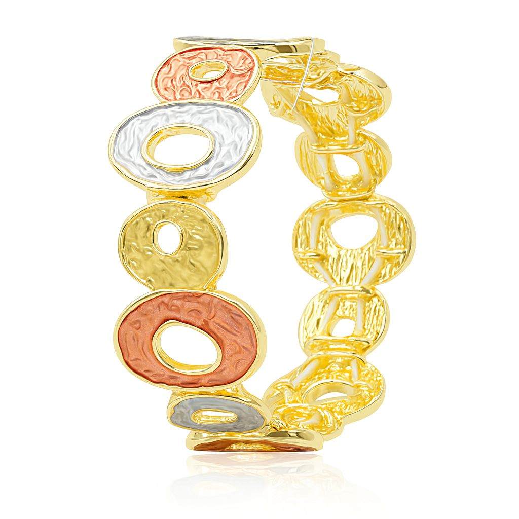 KC gold plated multi-tone oval open circle bracelet with textured metal links and artistic hand-painted finish