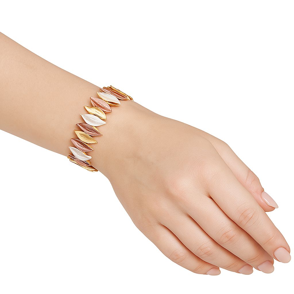 Model wearing hand-painted leaf bracelet in pastel colors