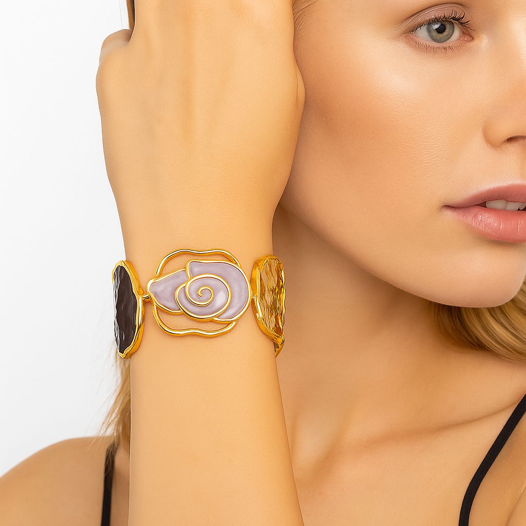 Model wearing pastel enamel statement bracelet for women