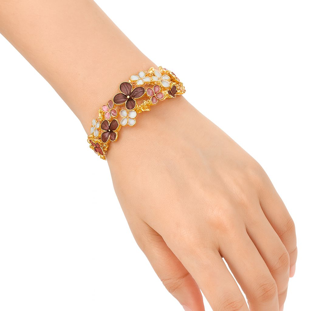 Model wearing gold floral enamel bracelet for everyday style