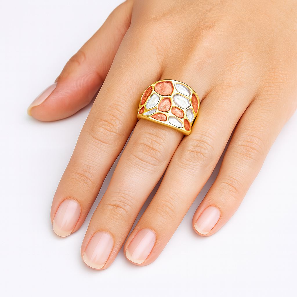 “Gold adjustable artistic ring with mosaic design”