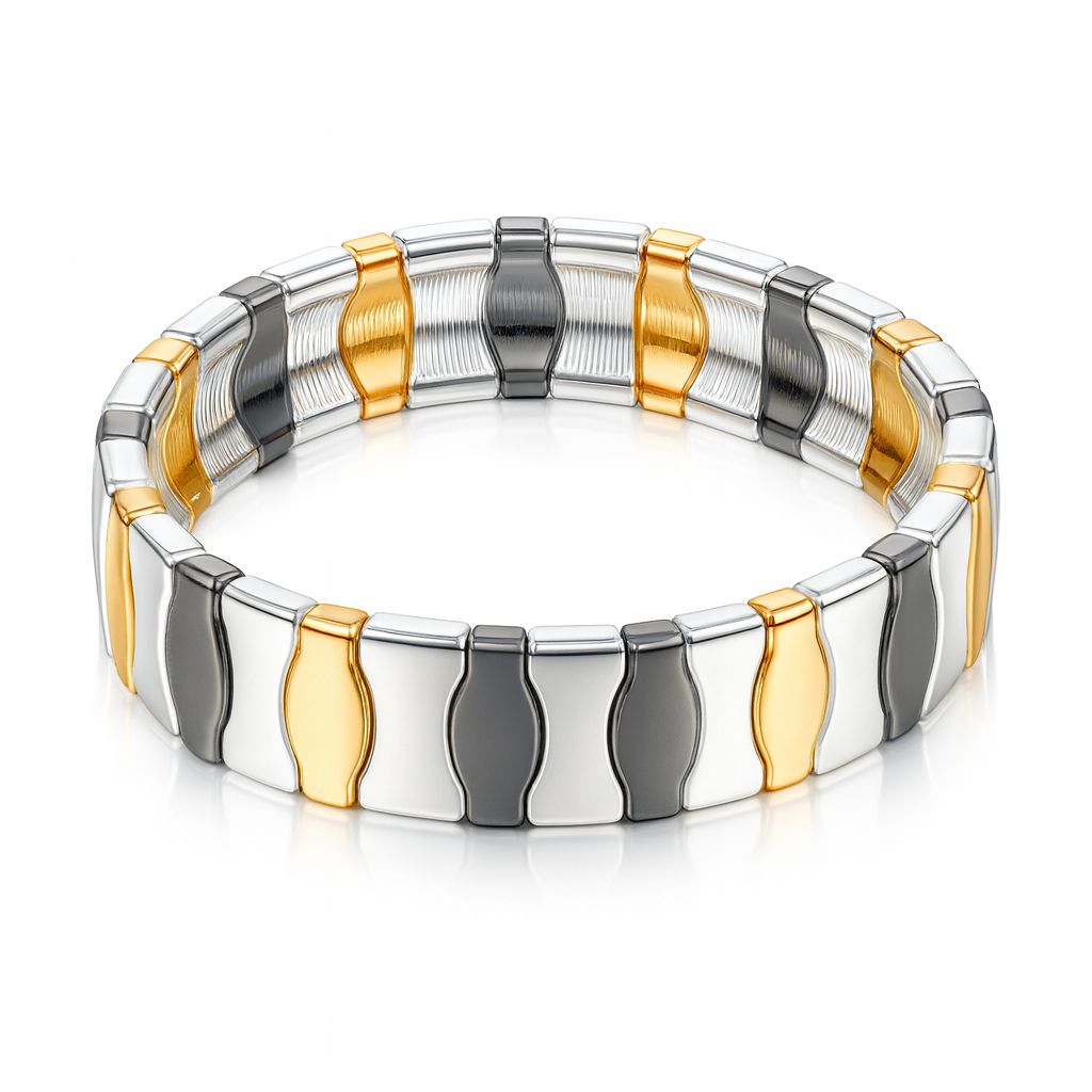 Model wearing multi-color enamel stretch bracelet