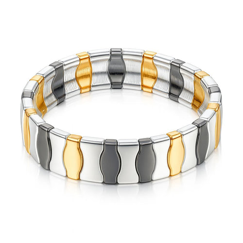 Model wearing multi-color enamel stretch bracelet